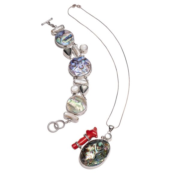 Blue green abalone sea shell necklace bracelet set